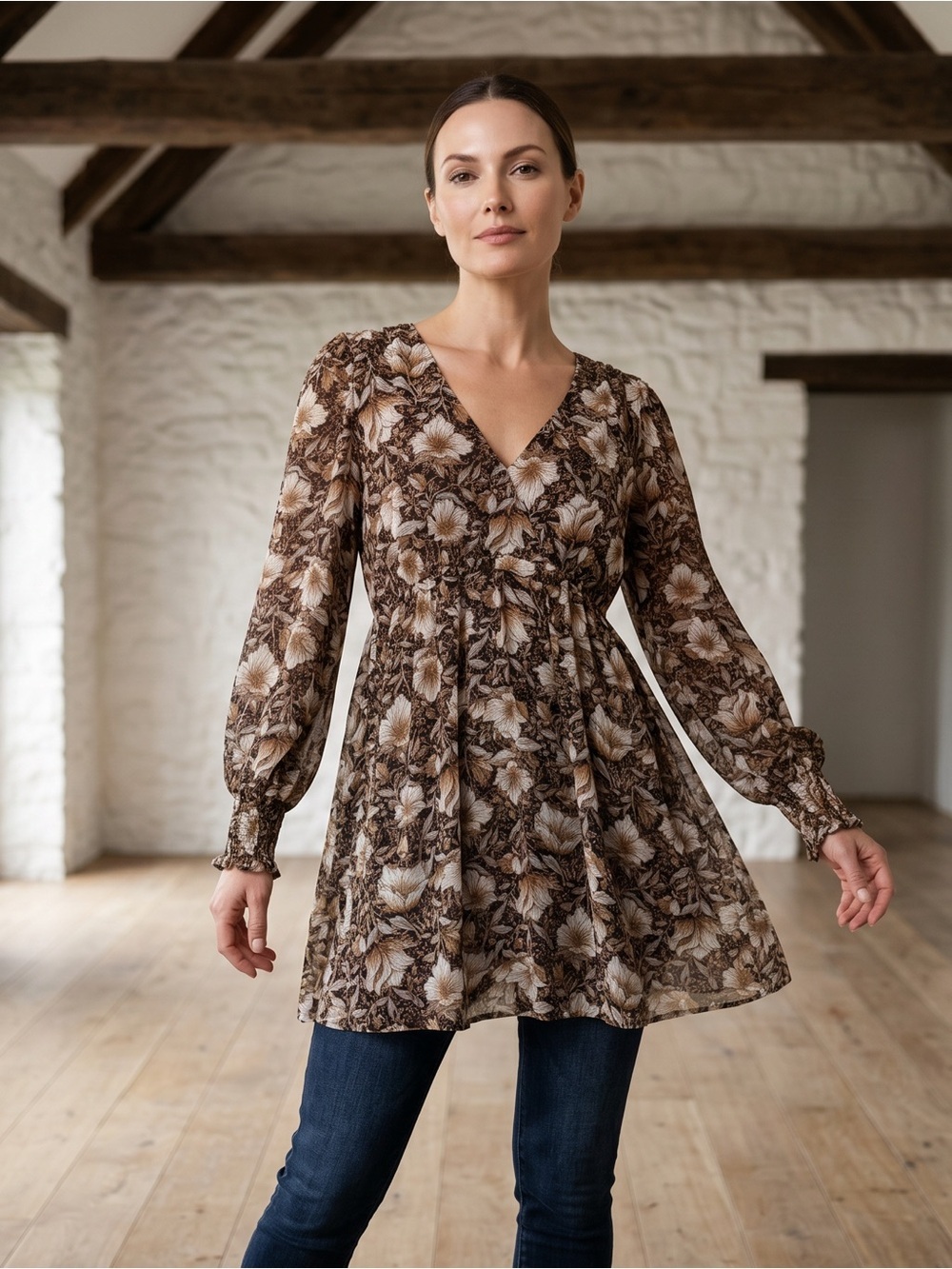 Blu Pepper Beautiful Boho Brown Floral V-Neck Smocked Babydoll Top